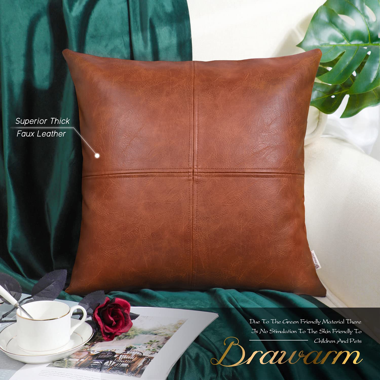 Brawarm Faux Leather Throw Pillow Covers 16 X 16 Inches, Cognac Leather Pillow Cover, Hand Stitched Leather Decorative Pillow Co